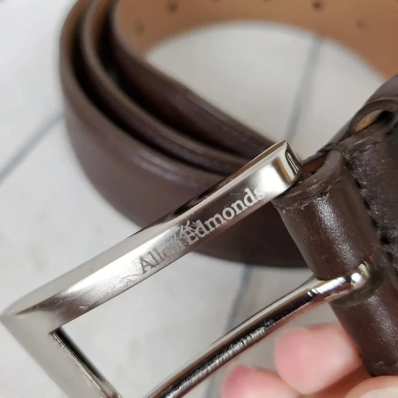 Allen Edmonds Leather Belt Chocolate  Brown Silver Buckle Stamped Size 46 - Picture 7 of 11